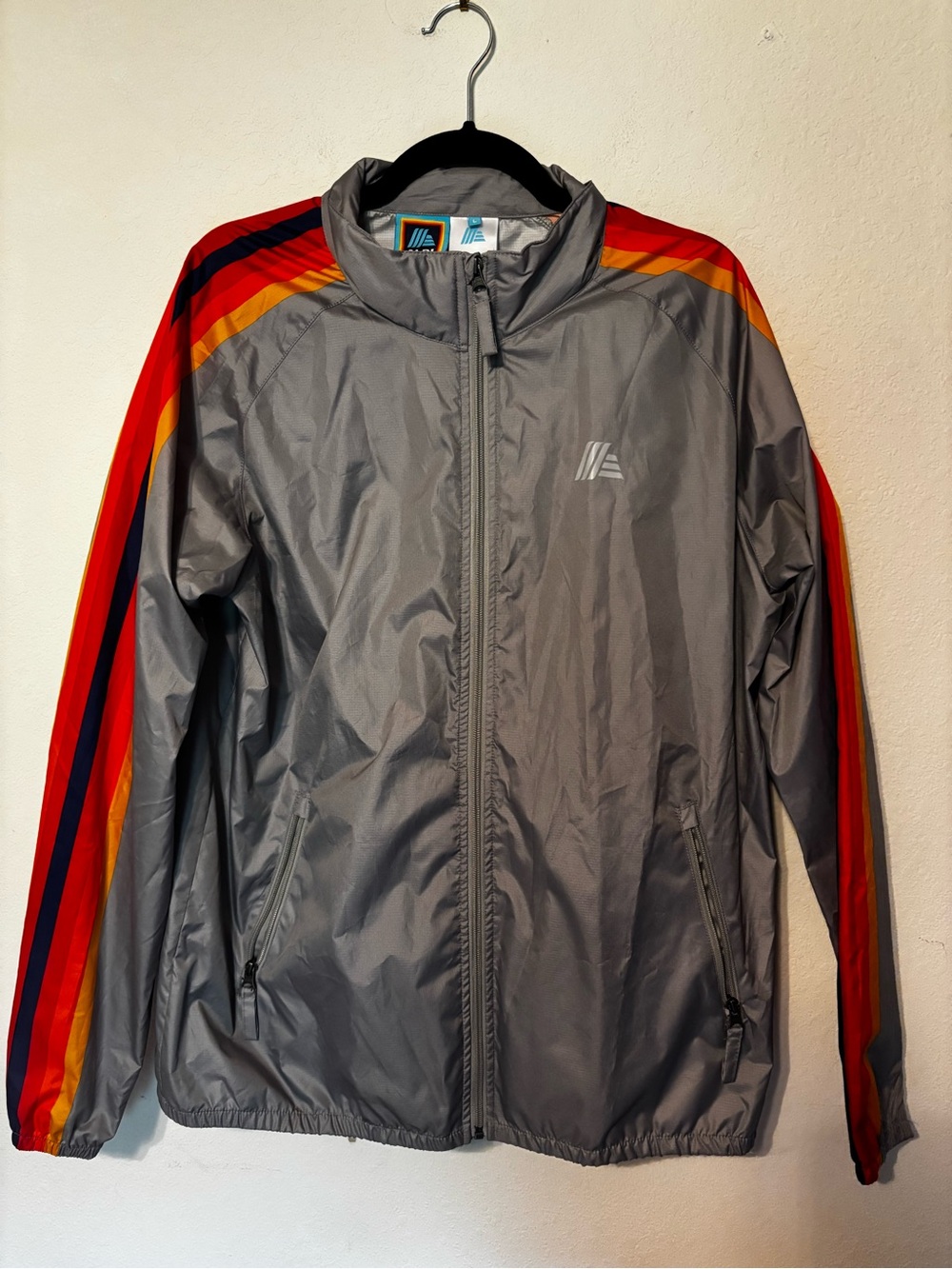 ALDI Windbreaker Jacket Sz L Gray Rainbow Stripe Full Zip NWOT